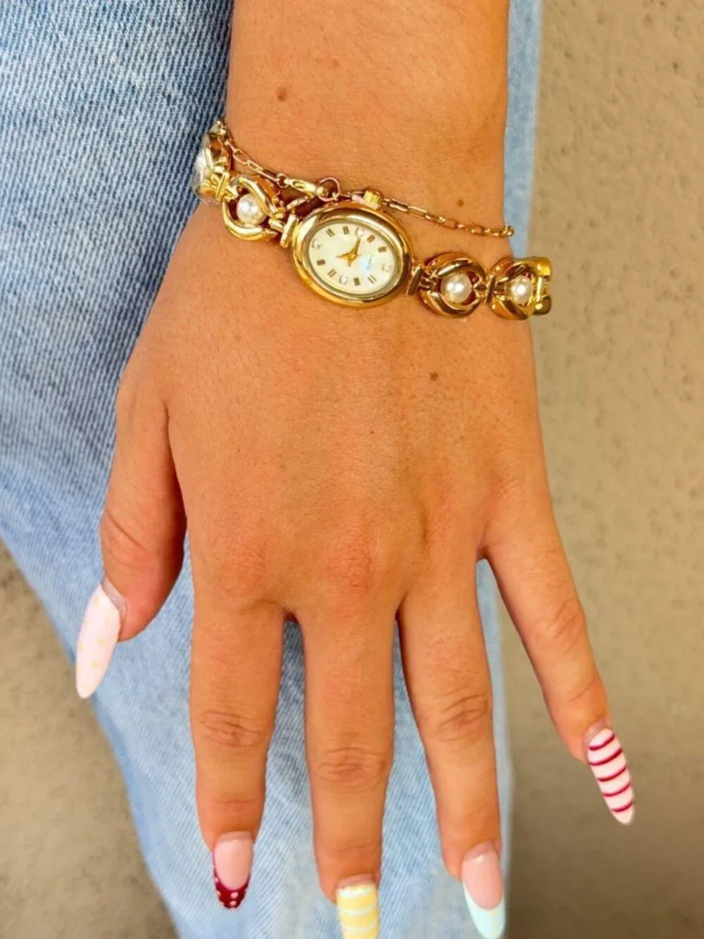 Dainty Gold Faux Pearl Dial Watch Preppy Y2K OS